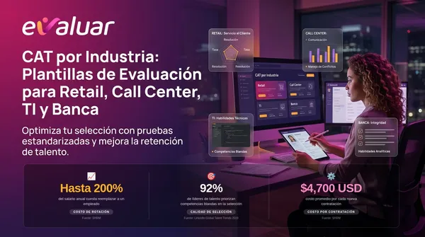 Profesional de RRHH analizando evaluaciones CAT por industria en pantalla, con datos de selección de personal para retail, call center, TI y banca