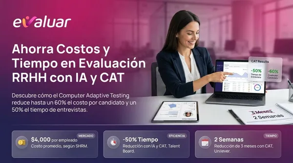 Profesional de recursos humanos revisando resultados de evaluación de candidatos en una laptop con la plataforma evaluar.com, junto a métricas que muestran una reducción del 50% en tiempo de entrevistas y del 60% en costo por candidato con Computer Adaptive Testing.