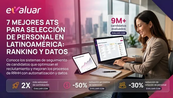 Reclutadora revisando pipeline de ATS en pantalla con estadísticas de selección de personal en Latinoamérica