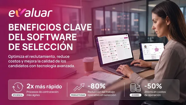 Profesional de RRHH utilizando un software de reclutamiento en laptop, con métricas clave de eficiencia, calidad y ahorro en costos de contratación