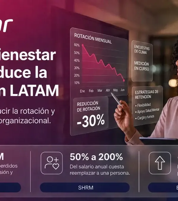 Profesional de RRHH revisando indicadores de bienestar laboral y rotación de personal en un dashboard