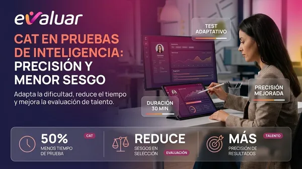 Imagen de portada sobre CAT en pruebas de inteligencia para selección de personal, con enfoque en mayor precisión, menor sesgo, reducción del tiempo de prueba y evaluación adaptativa de talento.