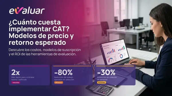 Portada del artículo sobre costo y ROI de implementar CAT en selección de personal. Mujer profesional trabajando frente a un laptop con dashboards de análisis. Tres métricas verificadas de Evaluar: 2x más rápido para contratar talento calificado, -80% de reducción en trabajo operativo en selección y -30% de reducción en rotación de personal.