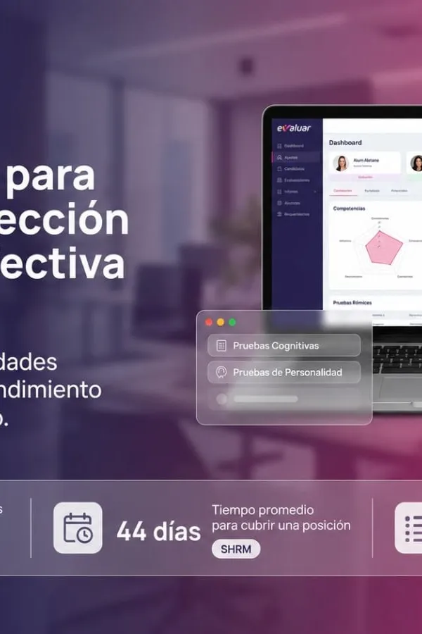 Profesional de RRHH revisando plataforma de evaluaciones psicométricas para empresas con estadísticas de selección en LATAM