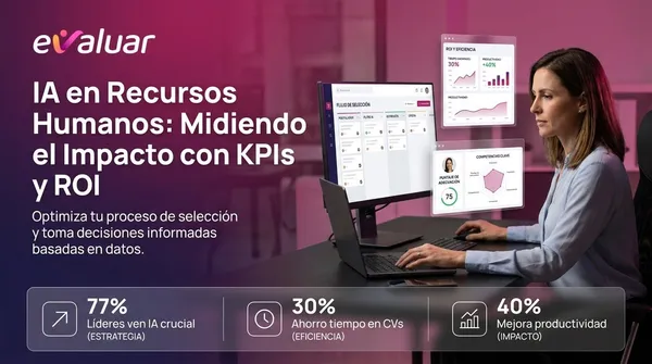 Directora de RRHH analizando dashboards de IA en recursos humanos con KPIs de selección de personal, flujo de candidatos y métricas de ROI en la plataforma evaluar.com.