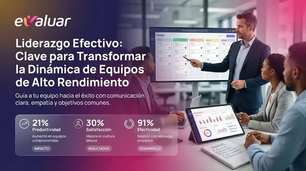 Líder presenta estrategias de trabajo a su equipo frente a un tablero digital, ejemplo de liderazgo efectivo y equipos de alto rendimiento.