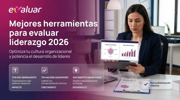 Portada sobre las mejores herramientas para evaluar liderazgo en 2026, con métricas de rendimiento, mejora del desempeño y desarrollo de líderes.