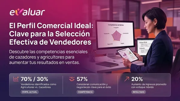 Portada sobre el perfil comercial ideal para la selección efectiva de vendedores, mostrando análisis de competencias de ventas como prospección, comunicación y negociación para mejorar el rendimiento comercial.