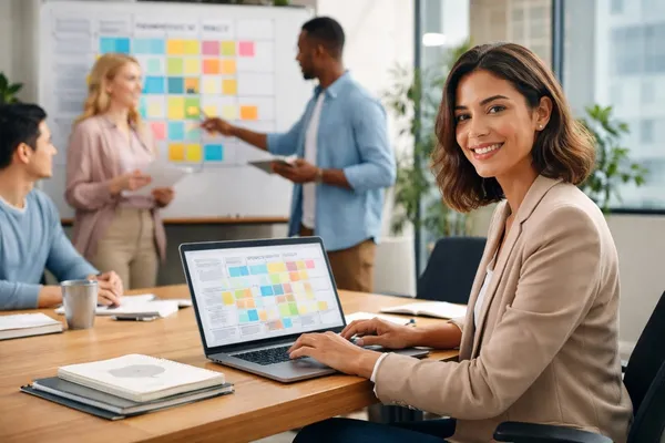 Equipo de recursos humanos en una oficina moderna colaborando en un mapa de competencias laborales con notas adhesivas y una matriz de habilidades en una laptop.