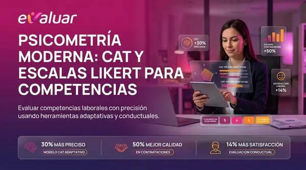 Infografía de Evaluar sobre psicometría moderna: modelo CAT y escalas Likert para evaluar competencias laborales con 30% más precisión y 50% mejor calidad en contrataciones