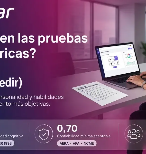 Especialista de RRHH revisa en pantalla el informe de una prueba psicométrica con puntajes por dimensión