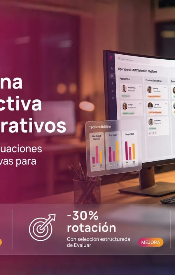 Profesional de RRHH revisando candidatos en la plataforma Evaluar con estadísticas de selección de personal operativo