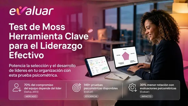 Profesional de RRHH analizando resultados del test de Moss en pantalla, con estadísticas clave sobre liderazgo y selección de personal